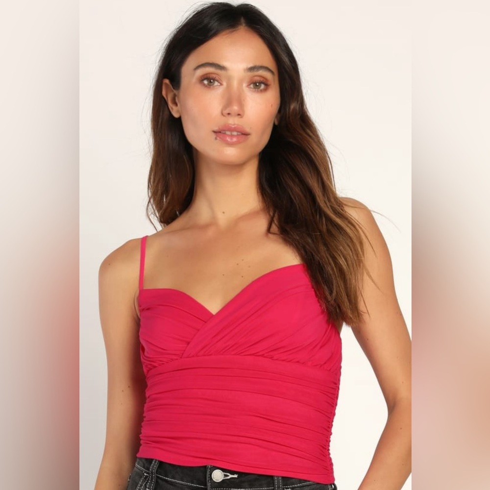 Lulu’s Compliment Collector Hot Pink Mesh Ruched Cami Tank Top